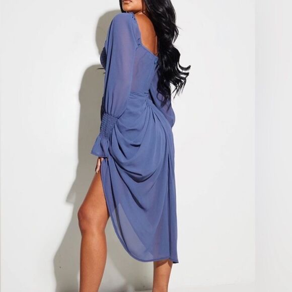 PrettyLittleThings Mineral Blue Satin Insert Chiffon Midi Dress 12 NWT IN PKG - Picture 1 of 6